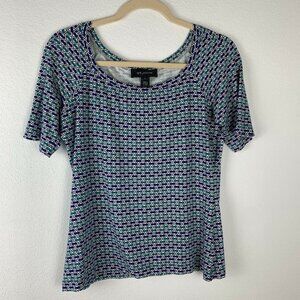 St. John Women's S Blue White Geometric Print Tee Shirt Top Blouse
